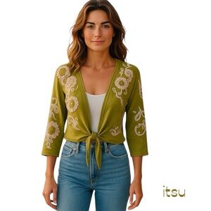 itsu Chartreuse Silk Blend Embroidered Shrug Sweater Size M